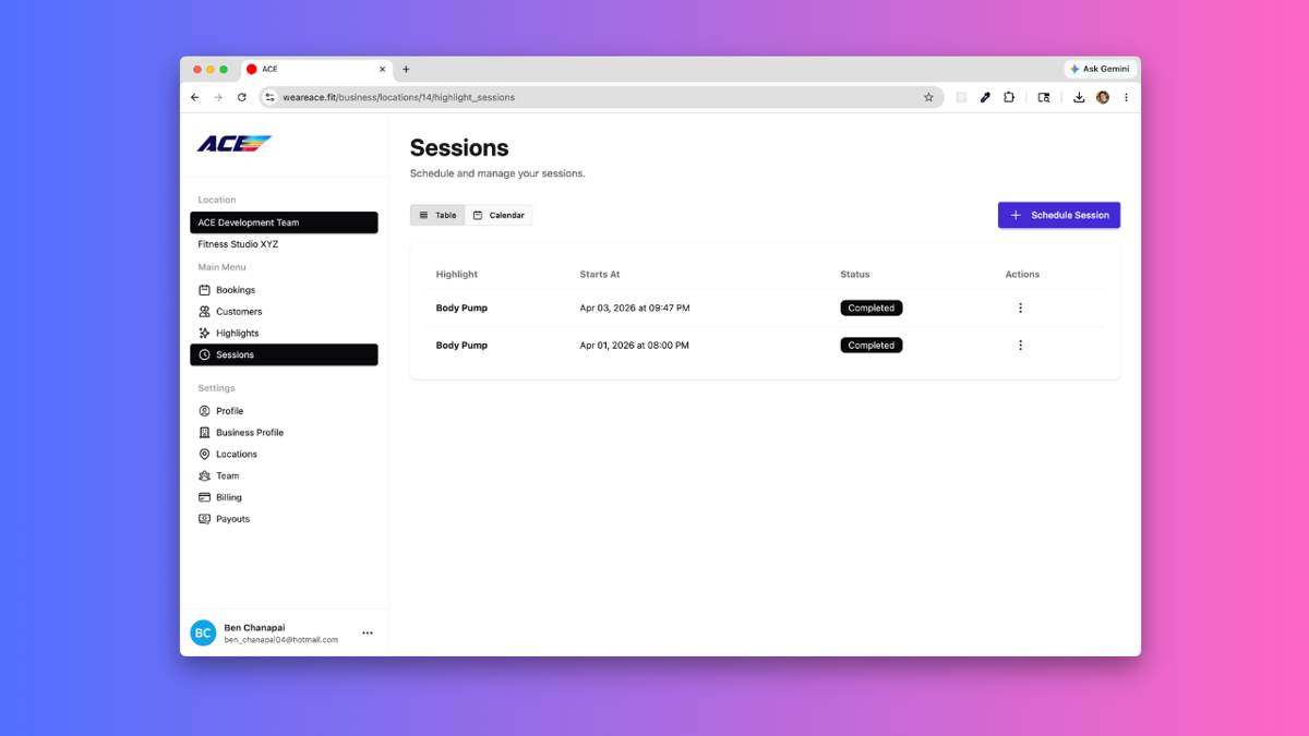 ACE dashboard screenshot